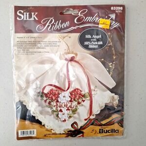Silk Ribbon Embroidery Kit Handkerchief NOEL Angel Kit #83298  6" x 6" BUCILLA